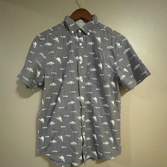 Free Nature Button Up Short Sleeve Shirt Gray White Fish Print - Picture 1 of 12